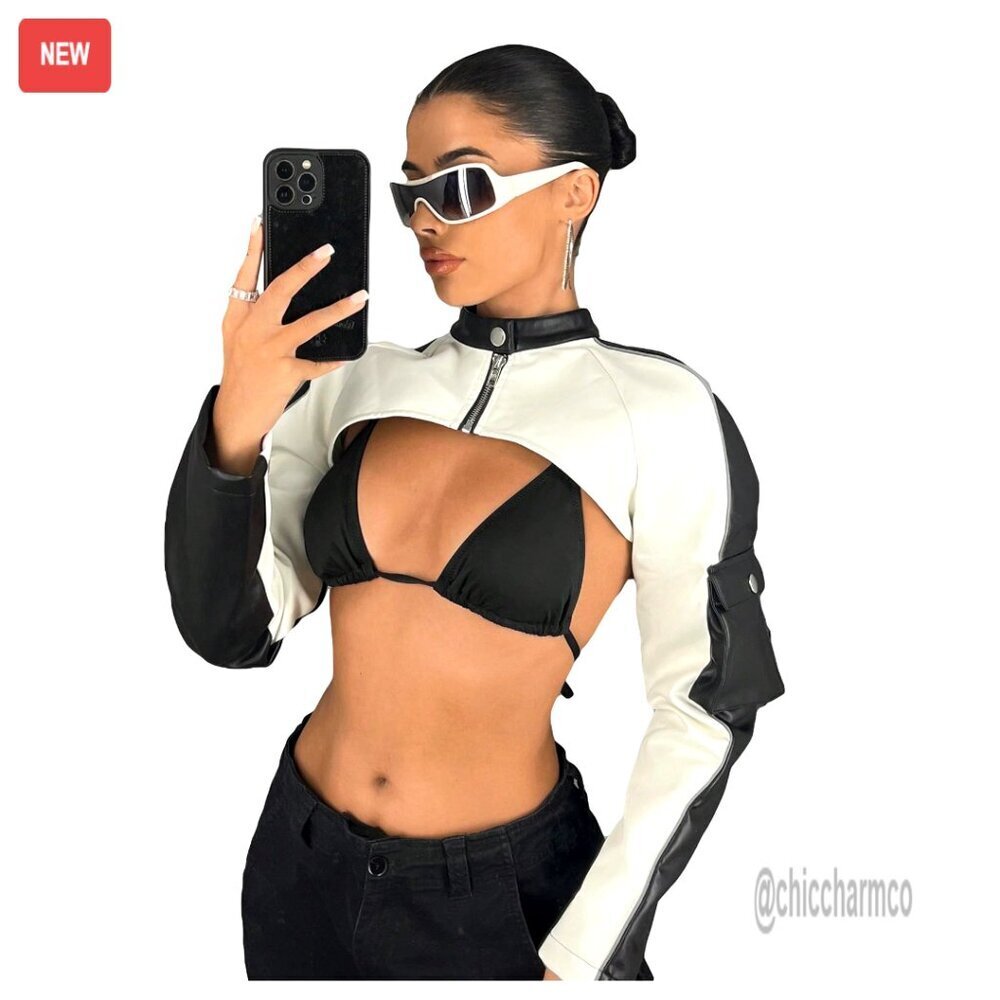 Leather Motorcycle Jacket Crop Zip Up Long Sleeve Color Block